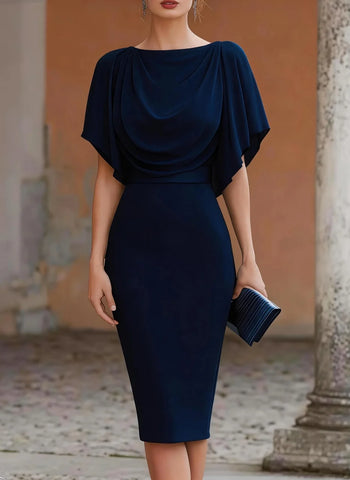 Women's Short Sleeve Midi Dress Cowl Neck Draped Cape Top Bodycon Skirt Elegant Party Evening