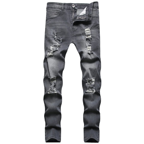 Jeans Men Hole Distressed Pencil Pants Slim Fit Vintage Zipper Fly Pockets Solid Colour Washed Denims