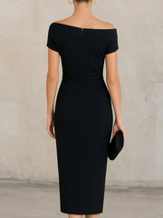 Women's Off Shoulder Ruched Bodycon Midi Dress for Cocktail Party
