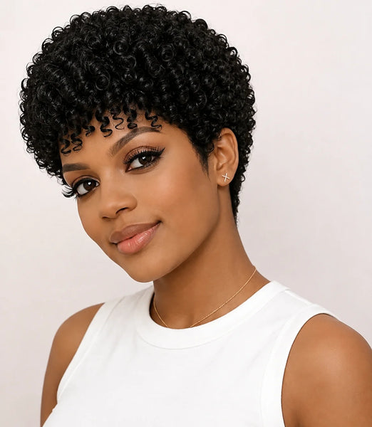Pixie Cut Jerry Curly Human Hair Wigs Pre-Cut Style Machine Made Wigs 4 Inch Natural Color Short Curly Human Hair Wig For Women
