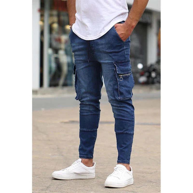 New Men's Slim Fit Stretch Jeans Casual Fashion Multi Pocket Cargo Denim Pants High  Jeans Work Hip Hop