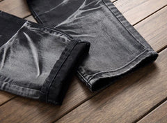 Jeans Men Vintage Distressed Pencil Pants Mid Waist Zipper Pockets Slim Ankle Length Trousers