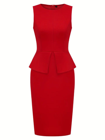Womens Sleeveless Summer Crew Neck Peplum Cocktail Knee Length Business Casual Party Solid Color Pencil Bodycon