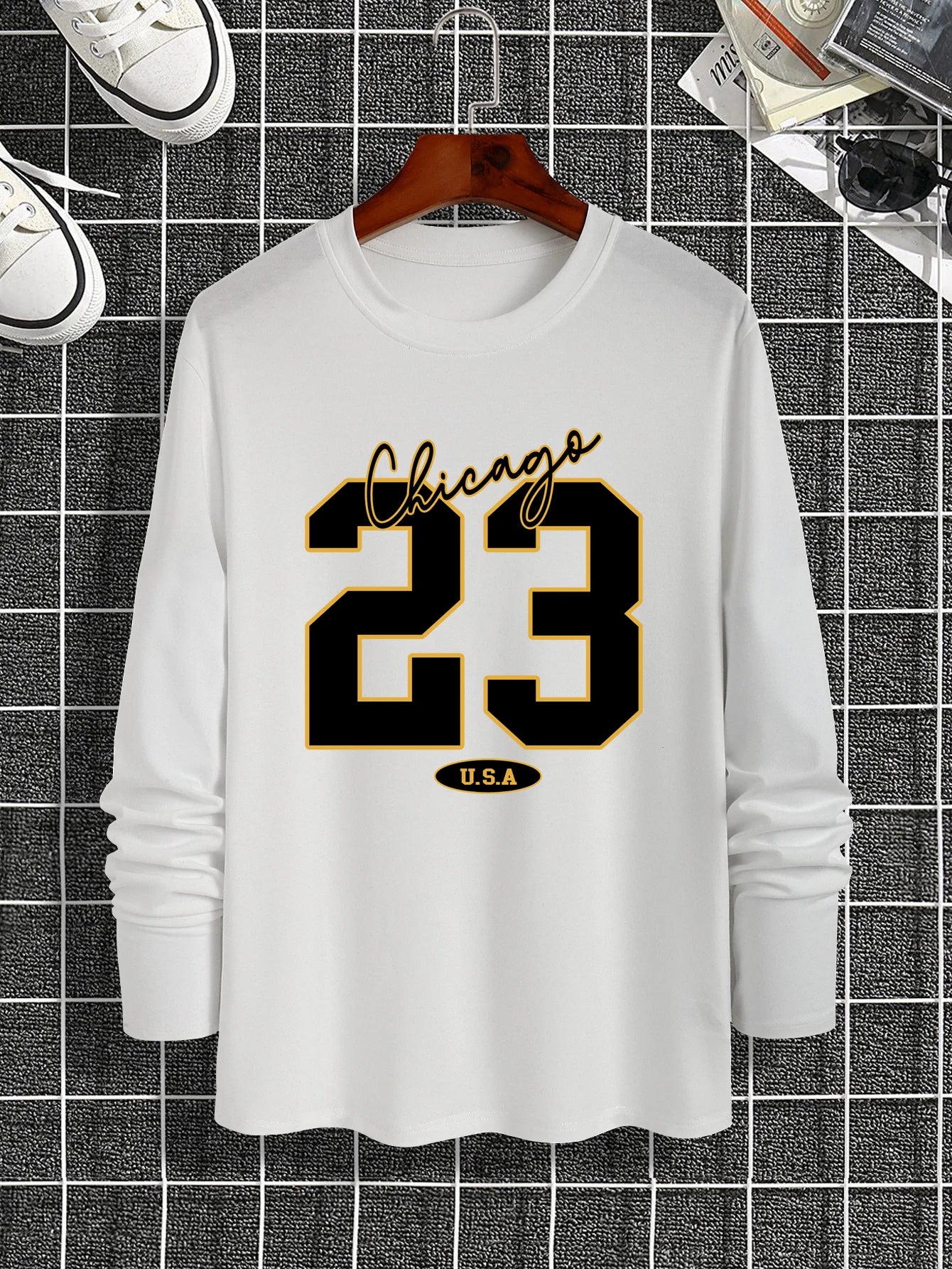 New long-sleeved T-shirt men's printed round neck long-sleeved T-shirt trend versatile casual tops men's clothing summer