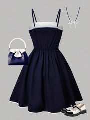Girls' dress summer outfit; children's summer bow dress; girls' medium and large dress for parties, outdoors, trave