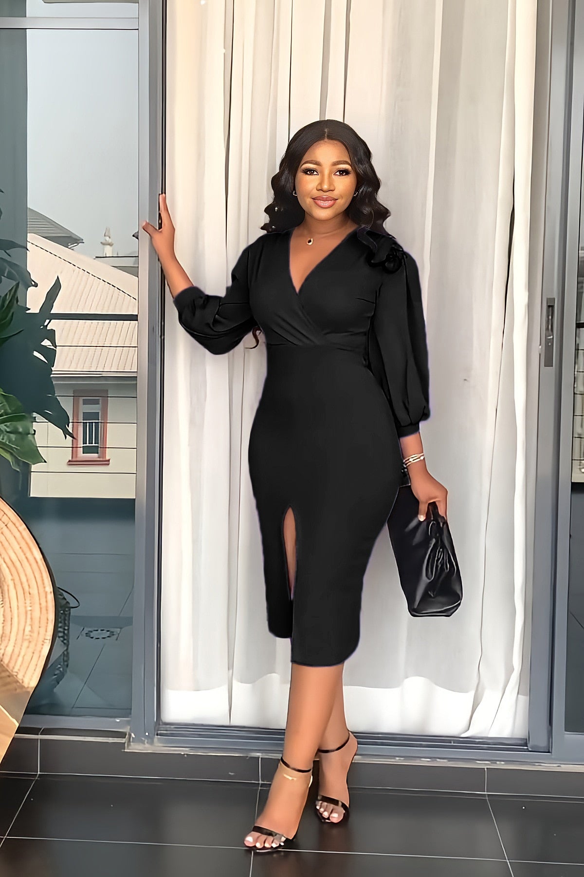 Spring Summer V-neck Slim Slit Dress Women Fashion Office Lady Solid Long Lantern Sleeve Slim Dress Women