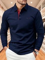 Men's Autumn Collared Polo Shirt Solid-Color Long-Sleeve Polo with Minimalist Chest Print Suitable for Business Casual and Golf