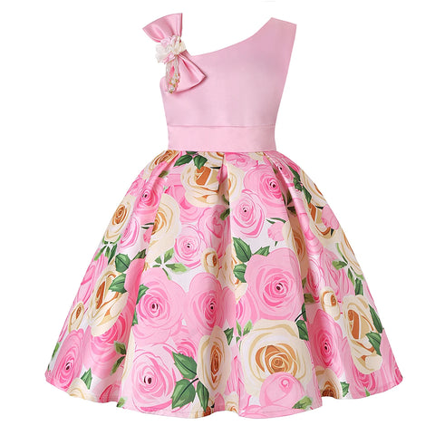 New diagonal shoulder children's dress rose print dress dress Girl party dress festival performance dress ins