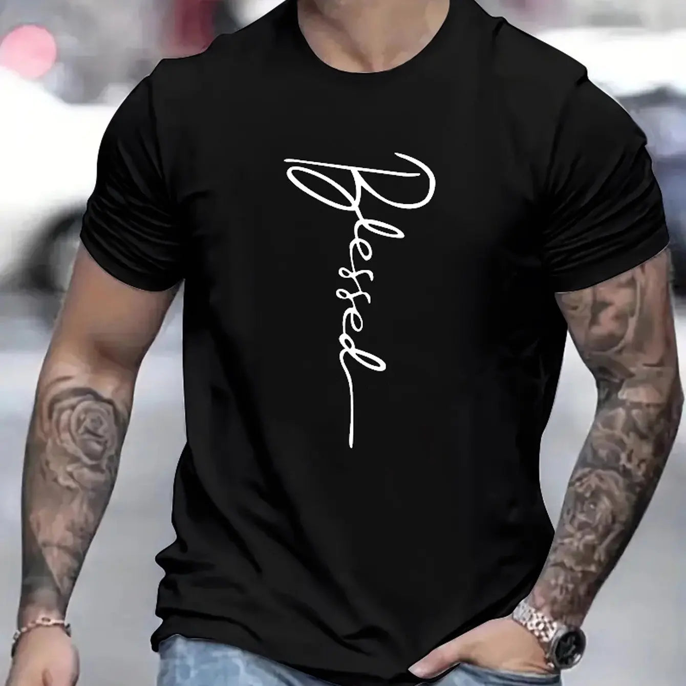 Men's summer loose fit oversized Blessed printed slim fit casual sports round neck short sleeve