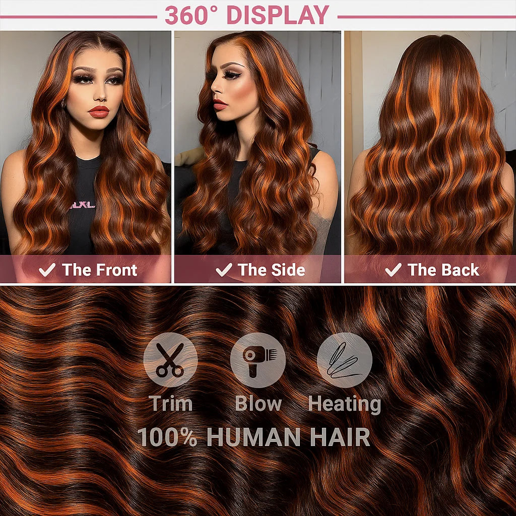 Ginger Highlight Brown Hair Body Wave 5x5 Lace Closure Glueless Wig Human Hair Balayage Ombre Ginger Colored Lace Frontal Wigs
