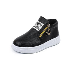 COMFY KIDS Kids' Black Lychee Pattern Faux Leather High-Top Sneakers, Side Zipper with Star Charm, Soft Elastic Rubber Sole Ligh
