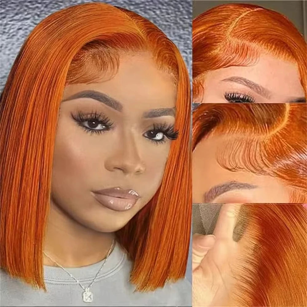 Ginger Orange Bone Straight Short Bob HD Transparent 13x4 Lace Front Human Hair Wig Brazilian 250% Colored Lace Frontal Bob Wigs