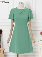ZANZEA Elegant Women Dresses 2025 Summer  Fashion Short Sleeve Work OL Sundress Casual Party Knee-length Vestido Robe Femme
