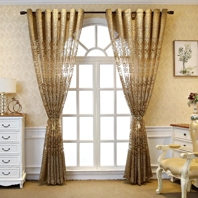 European Luxury Coffee with Golden Wire Jacquard Hollow Tulle Curtain for Living