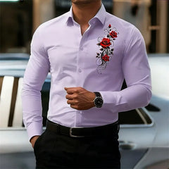 Men's Long-Sleeved Shirt, Featuring a Vintage Red Rose Print Design. A Stylish
