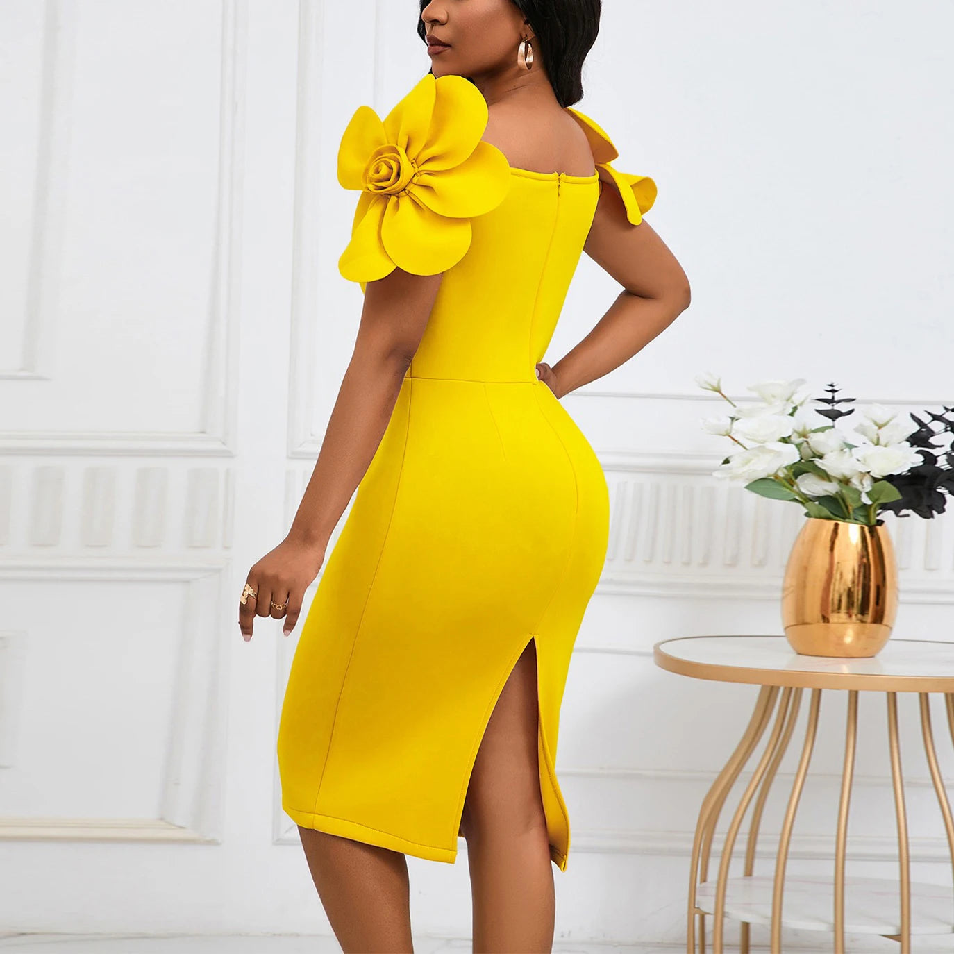 Sexy Bodycon Dresses for Women Slash Neck Petal Sleeve Belt Waisted Sheath Package Hips Mid Calf Professional Work Dress Midi OL