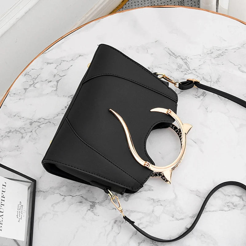 Cat Shaped Handle Women Handbag Trendy And Fashionable, Solid Color, Simple And Casual Crossbody Shoulder Shell Bag