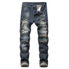 American Fashion Street Style Ripped Skinny Jeans  Street Riding Stretch Slim Fit Straight Pants Patchwork  Denim Trousers Male