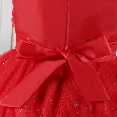 Red Girl Princess Dress Christmas Costume New Year Gifts Girls Party Dresses Mesh Bow Wedding Dress Elegant Children's Clothing