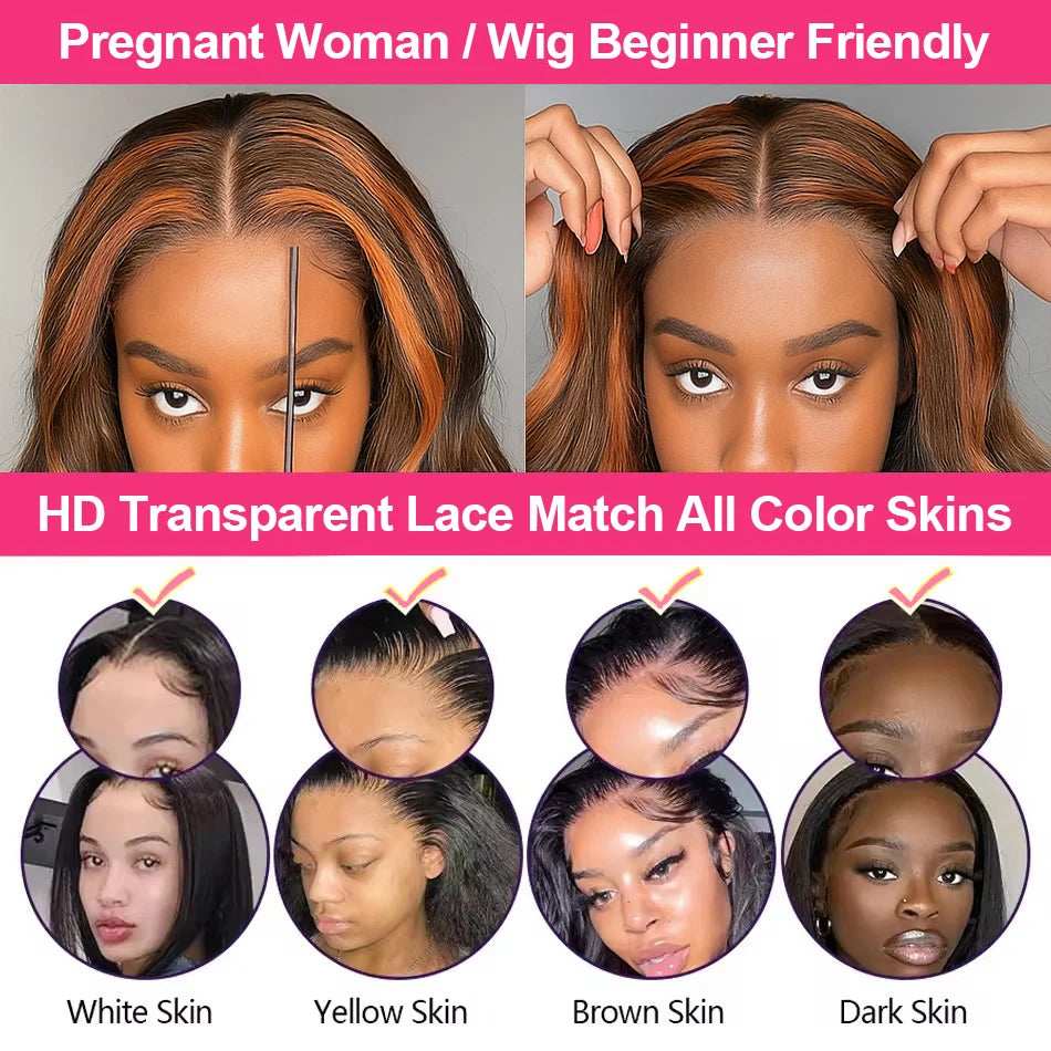 Ginger Highlight Brown Hair Body Wave 5x5 Lace Closure Glueless Wig Human Hair Balayage Ombre Ginger Colored Lace Frontal Wigs