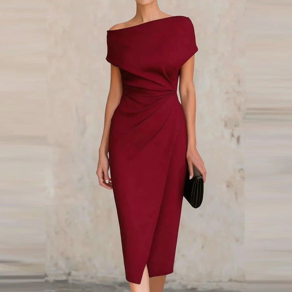 2026 Elegant One Shoulder Commute Midi Dress Summer Women Casual Hight Waist Solid Party Dress Fashion Draped Slim Skinny Dress