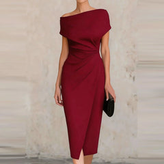 2026 Elegant One Shoulder Commute Midi Dress Summer Women Casual Hight Waist Solid Party Dress Fashion Draped Slim Skinny Dress