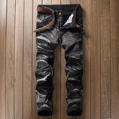 Jeans Men Vintage Distressed Pencil Pants Mid Waist Zipper Pockets Slim Ankle Length Trousers