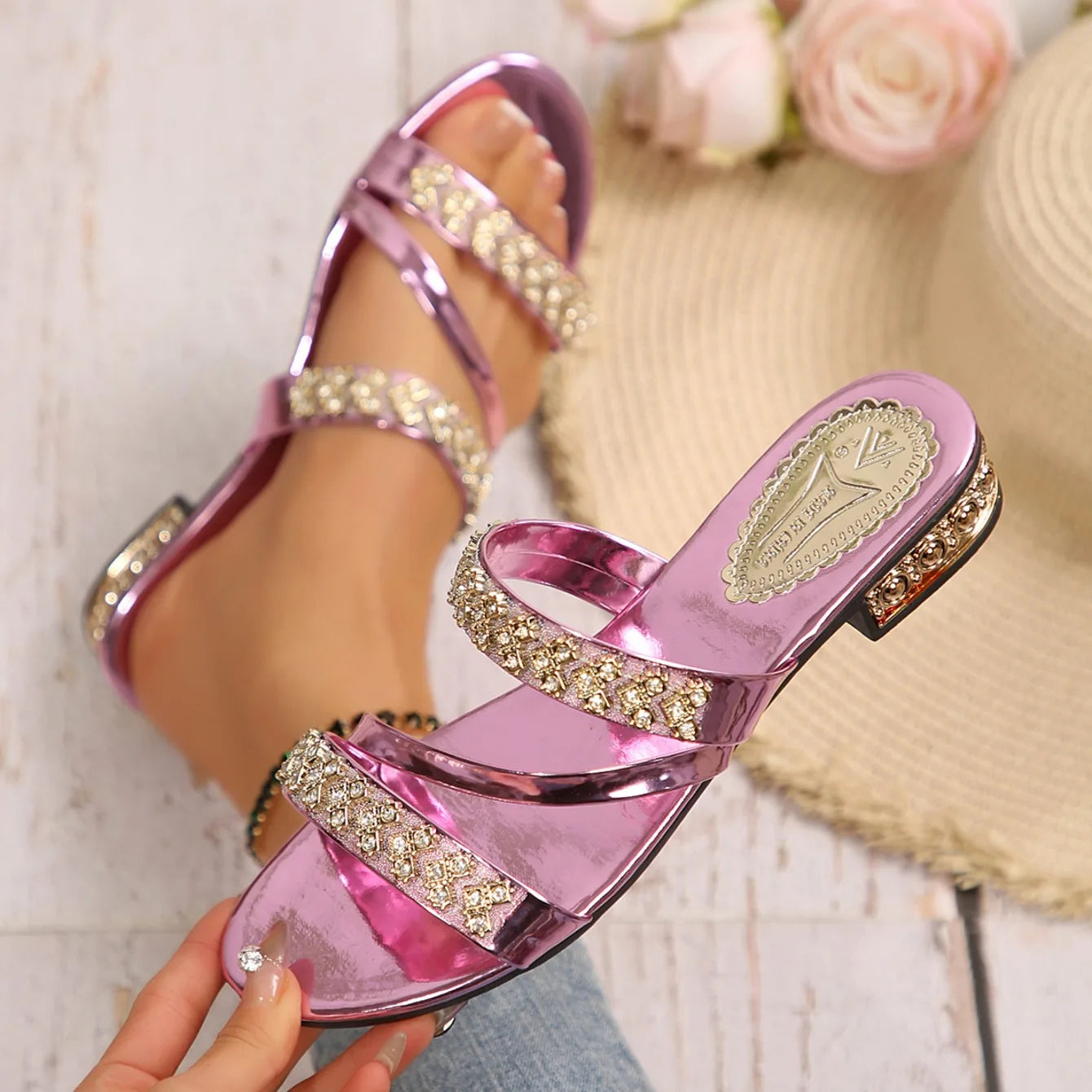 Summer New Women Slippers Medium Heel Thick Heel Slippers Open Toe High Heel Rhinestones Shoes Lightweight Sandals Slides Women