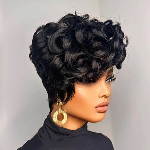 Pixie Cut Human Hair Wig 6" Layered Short Loose Curly With Bangs Remy Brazilian Hair Rose Net Cap Full Machine Made Wigs