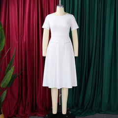 2026 Women's Elegant Simple Solid Color Dress Round Neck A-Line Shape Slimming Effect Waist-Slimming Full Dress
