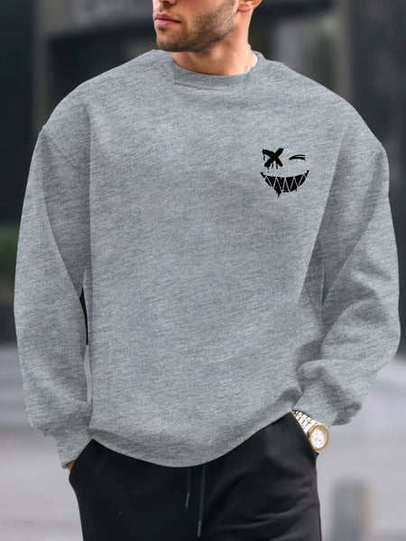 Men's autumn and winter warm casual loose fashionable classic smiling face pattern printed long sleeved round neck sweatshirt