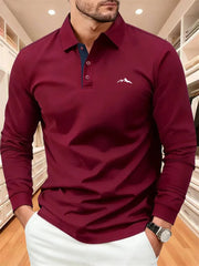Men's Autumn Collared Polo Shirt Solid-Color Long-Sleeve Polo with Minimalist Chest Print Suitable for Business Casual and Golf