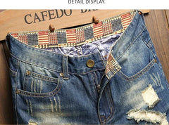 2025 Summer Ripped Denim Shorts Jeans Men's Five Quarter Loose Size Medium Pants Fashion Brand Personality Beggar