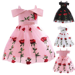 Girls Skirt Fashion Flower Printed Dress Off Shoulder Princess Skirt Children Rose Embroidery Mesh Skirt Frocks