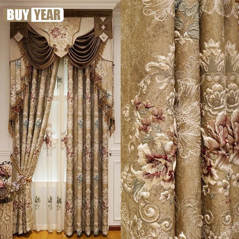 Custom New 3D Embossed Luxury Curtains for Living Dining Room Bedroom European Flower High-end Textured Noble Valance Tulle Cort
