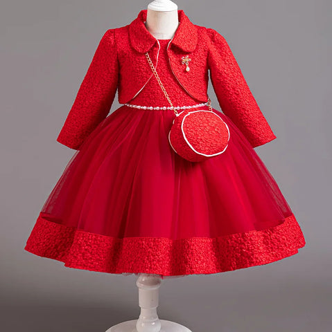 Spring Flower Girl Elegant Dresses for Wedding Girls’ Formal Dress with Bag 3 PC Set Long Sleeve