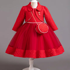 Spring Flower Girl Elegant Dresses for Wedding Girls’ Formal Dress with Bag 3 PC Set Long Sleeve