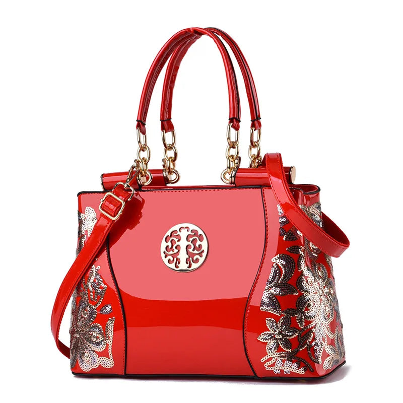 Retro handbag Large capacity bright leather doubl embroidered women's