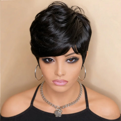 short straight pixie wig pixie cut human hair machine made  wig 6inch balck color 150% density daily party use wig