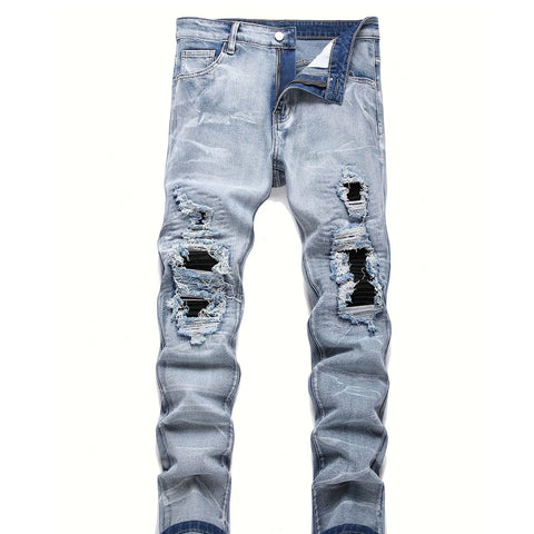 Men‘s Stretchy Denim Jeans Streetwear Tearing Patchwork Holes Ripped denim elastic