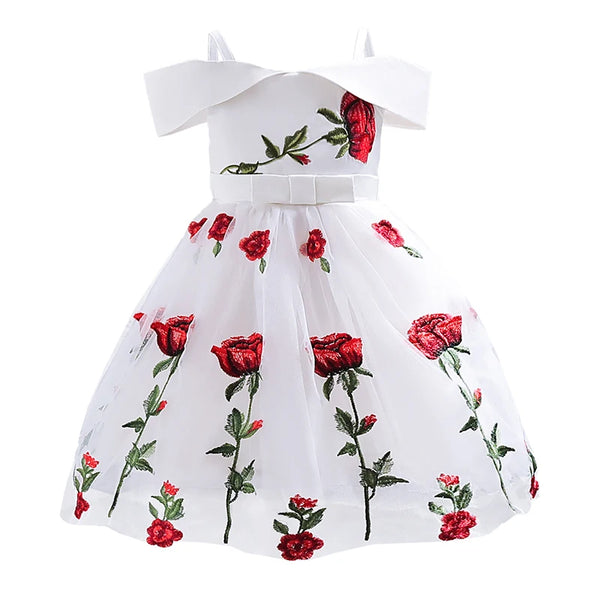 Girls Dress Rose Embroidery Off Shoulder Princess Dresses Children Clothing Birthday Wedding Party Dress Formal Occasion Dress