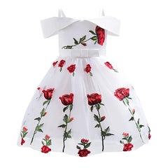 Girls Dress Rose Embroidery Off Shoulder Princess Dresses Children Clothing Birthday Wedding Party Dress Formal Occasion Dress