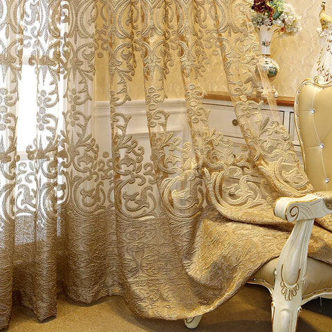 European Luxury Coffee with Golden Wire Jacquard Hollow Tulle Curtain for Living