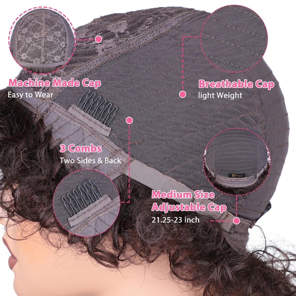 Debut Short Pixie Afro Kinky Curly Wigs for Black Women Glueless Natural Brown Bob Wig With Bangs Brazilian Human Hair Wigs