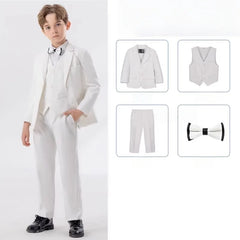 90-170 Teenager Kids Spring Beige 4Pieces/s Jacket Vest Pants Bowtie Wedding Dress Boys Photography Suit Children Host Costume