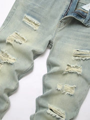 American Fashion Street Style Ripped Skinny Jeans  Street Riding Stretch Slim Fit Straight Pants Patchwork  Denim Trousers Male