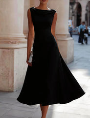 Elegant Sleeveless Cowl Neck Midi Dress with Pleated Waist and Flowing A Line Skirt for Formal Occasions
