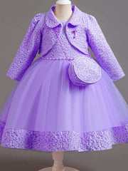 Spring Flower Girl Elegant Dresses for Wedding Girls’ Formal Dress with Bag 3 PC Set Long Sleeve