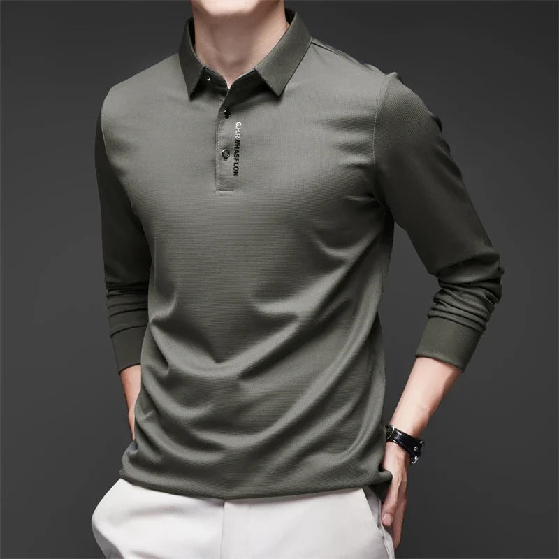 New Men's Business Casual Long Sleeved Shirt with Badge Solid Color Polo Shirt