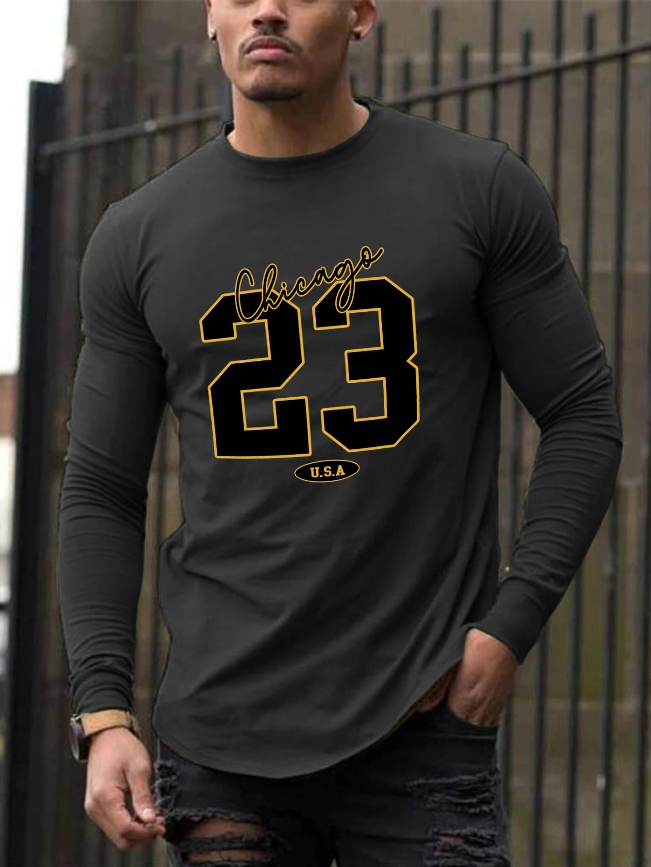 New long-sleeved T-shirt men's printed round neck long-sleeved T-shirt trend versatile casual tops men's clothing summer